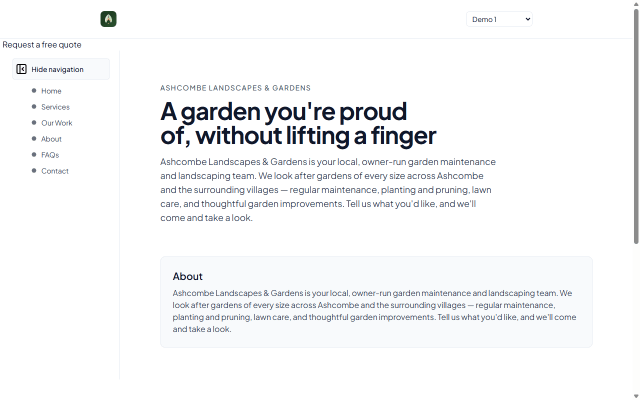 Ashcombe Landscapes & Gardens — 独自のブランドとサービス内容を持つホームページ。